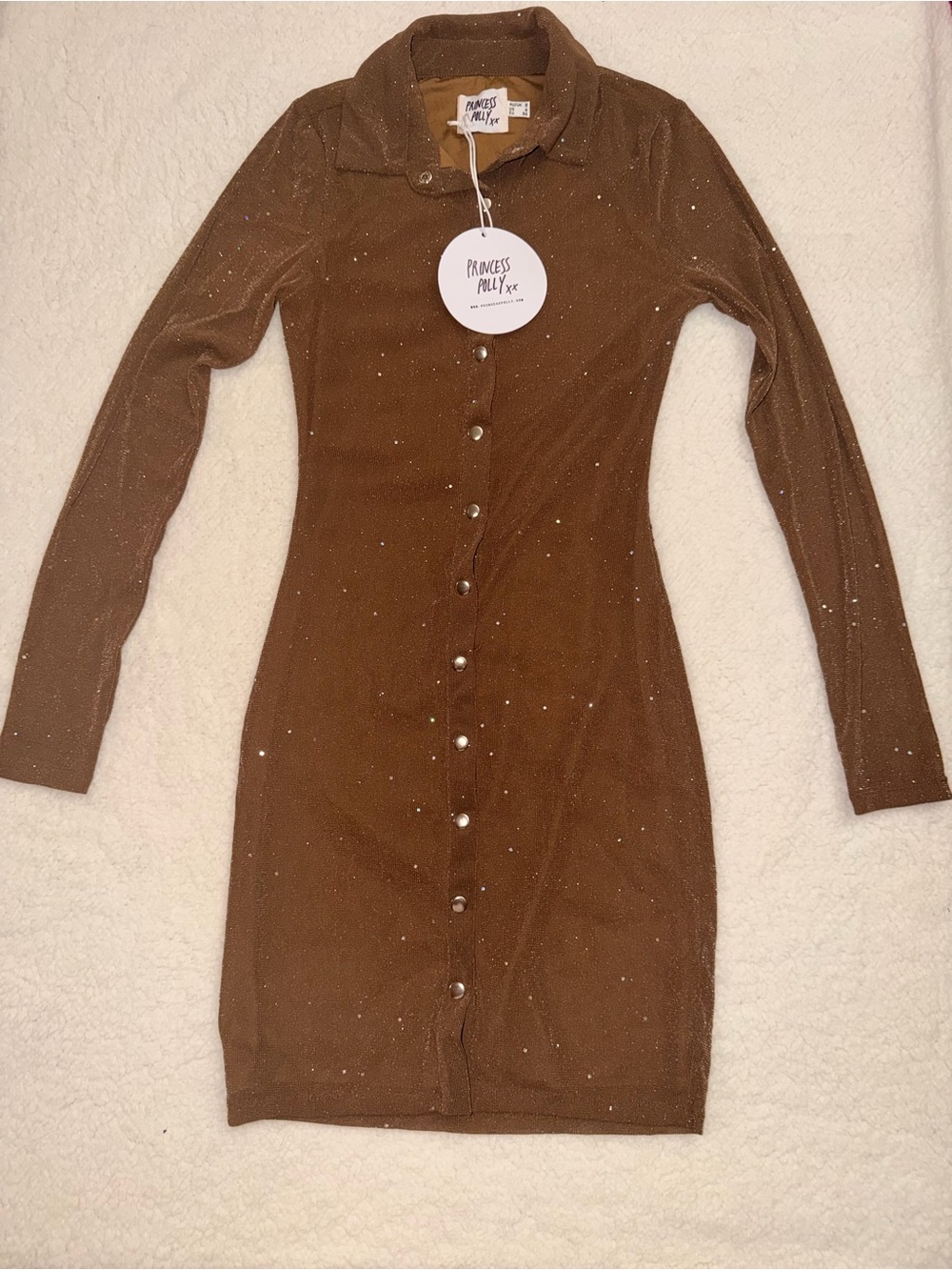 Princess Polly Friday Fever Mini Dress Brown Glitter Mesh Collared Size 4